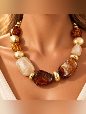 Amber Brown Chunky Beaded Statement Necklace Gold Tone Boho Resin Jewelry